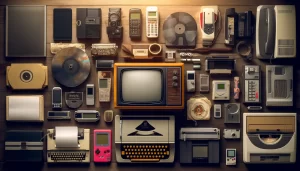 Dall·e 2024 06 04 14.40.36 A Wide Image In A Realistic Style Depicting Various Obsolete Technologies. Include Items Such As A Rotary Phone, A Vhs Tape, A Floppy Disk, An Old Tel