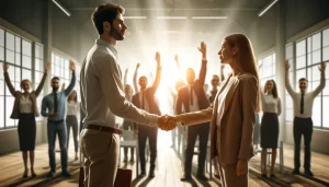 Dall·e 2024 05 30 12.46.15 A Wide Image In A Realistic Style, Featuring Two People Shaking Hands In The Foreground. In The Background, There Is A Group Of People Raising Their H